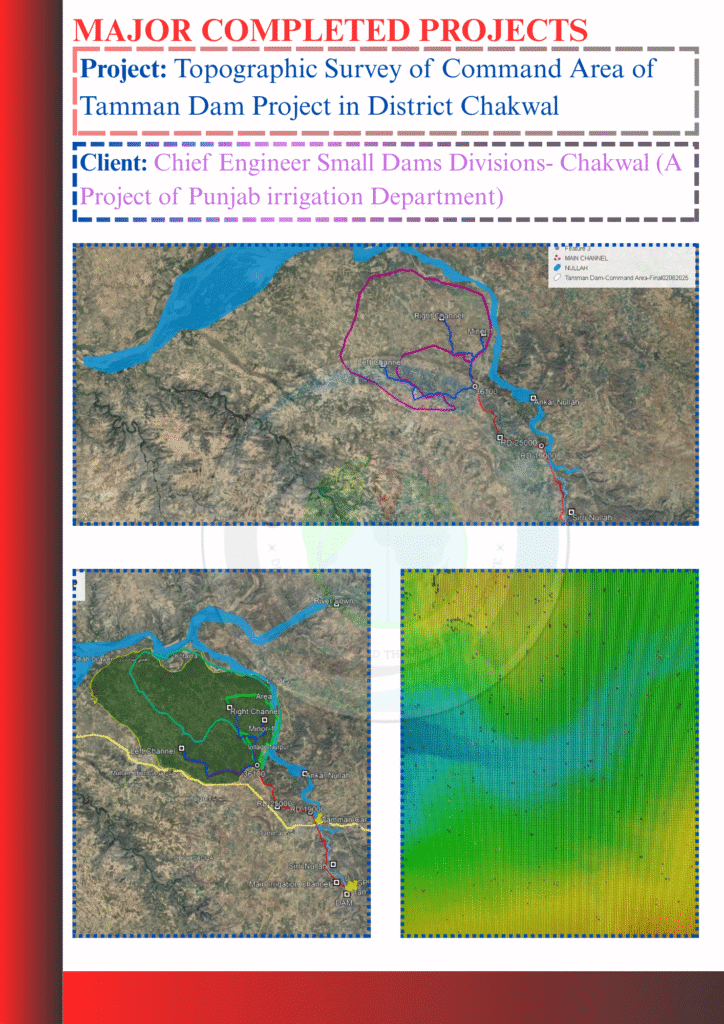 Topographic survey map showing elevation contours and terrain features of Tamman Dam command area in Chakwal District, created by GeoMapping Solutions Pvt. Ltd.