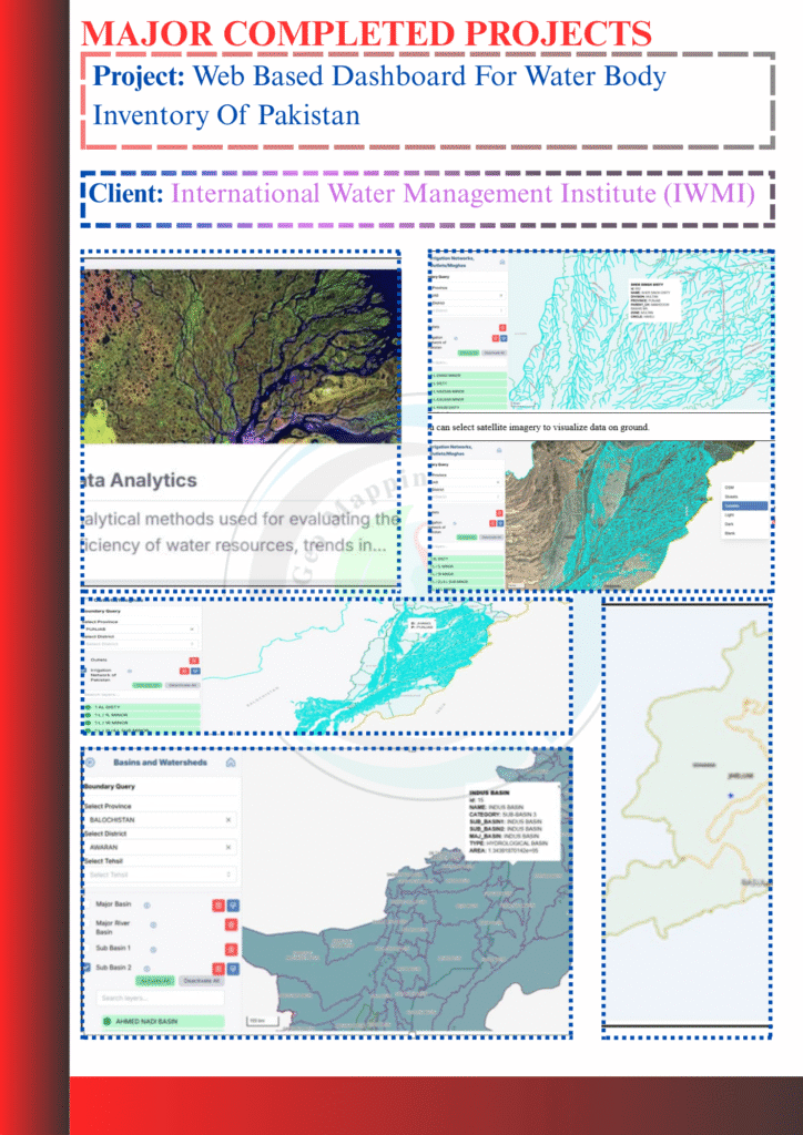 Interactive web-based dashboard displaying mapped water bodies across Pakistan, developed by GeoMapping Solutions Pvt. Ltd. for national water resource inventory.