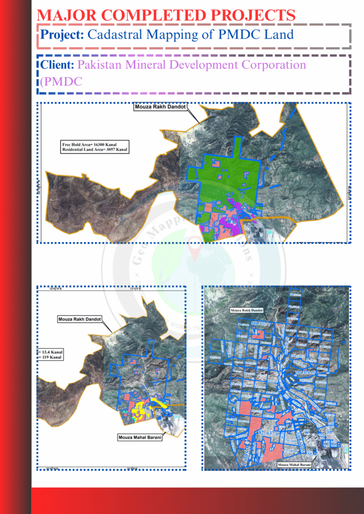 Aerial view of PMDC land with cadastral boundaries overlaid, processed by GeoMapping Solutions Pvt. Ltd.