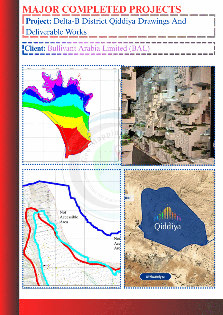 Technical drawings and project deliverables for Delta B District development at Qiddiya, Saudi Arabia