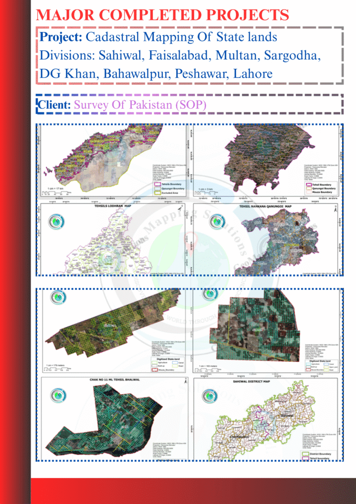 Cadastral mapping of state-owned lands in Sahiwal, Faisalabad, Multan, Sargodha, DG Khan, Bahawalpur, Peshawar, and Lahore divisions