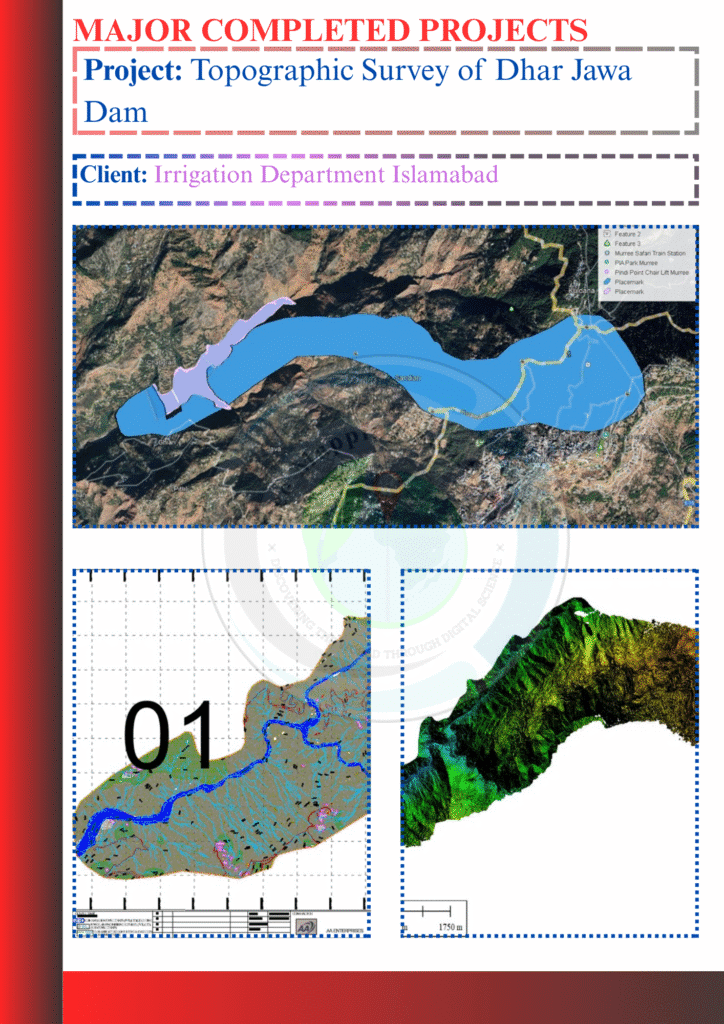 Topographic map of Dhar Jawa Dam site showing elevation contours and terrain features, created by GeoMapping Solutions Pvt. Ltd.