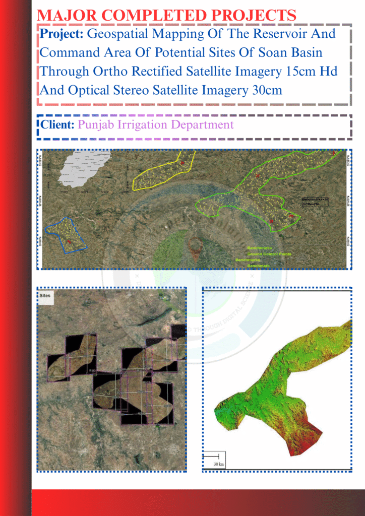 High-resolution ortho-rectified satellite image showing geospatial mapping of a reservoir using 15cm HD and 30cm stereo optical data, processed by GeoMapping Solutions Pvt. Ltd.